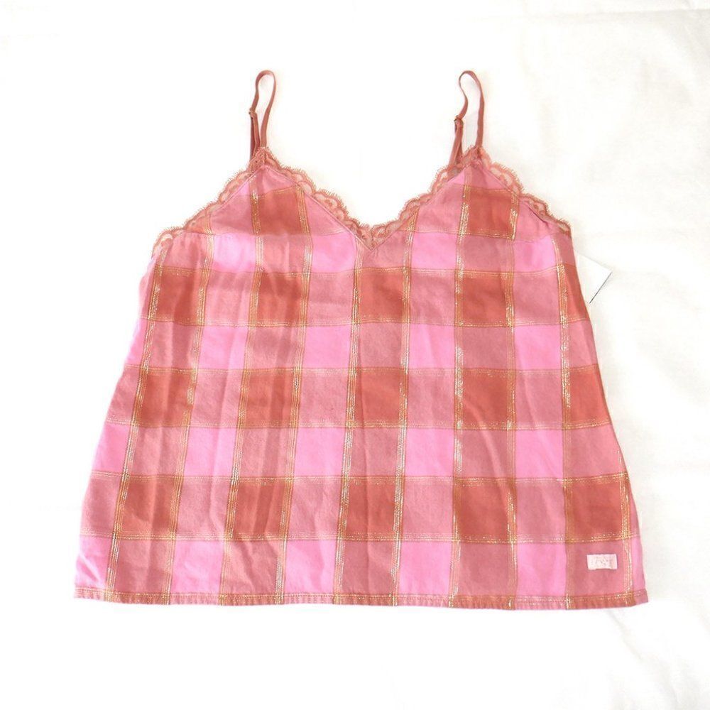 Victoria Secrets dusky rose pink gold thread lace acct tank top